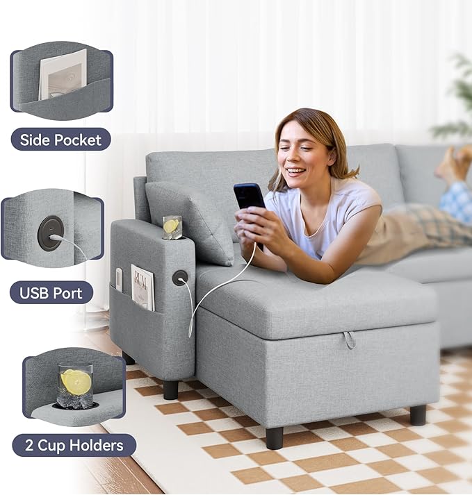 Esright 84'' Sleeper Sofa Bed L Shaped Sectional Convertible Pull Out Couch with Storage Chaise for Living Room 3 in 1 Sleeper Sofa Couch with Pullout Bed USB Cup Holder Side Pocket(Light Gray)
