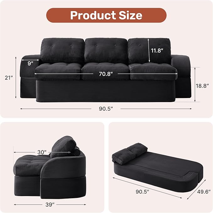 Convertible Sofa Bed3-Seater Boneless Couches for Living Room 2 in 1 Folding CouchFold Out Floor Couch with PillowsCloud Floor LoveseatFloor Futon Sleeper for Living Room Bedroom LoungeBlack