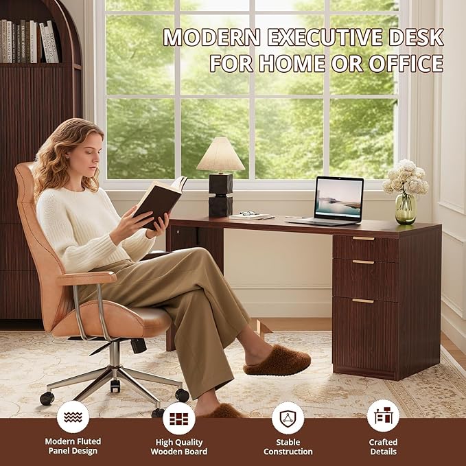 FURSUN 58 Modern Executive Desk with Storage Home Office Desk with Drawer &amp Cabinet Wooden Fluted Desk for Study Living Room Bedroom Dark Walnut