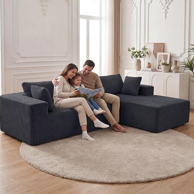 DUMOS 108 Boneless Couch Cloud Sectional Couch with L-Shape Chaise Modular Sectional Sofa with Deep Seat Fluffy Couch for Living Room Bedroom No Assembly Required (Grey Right Facing Chaise)