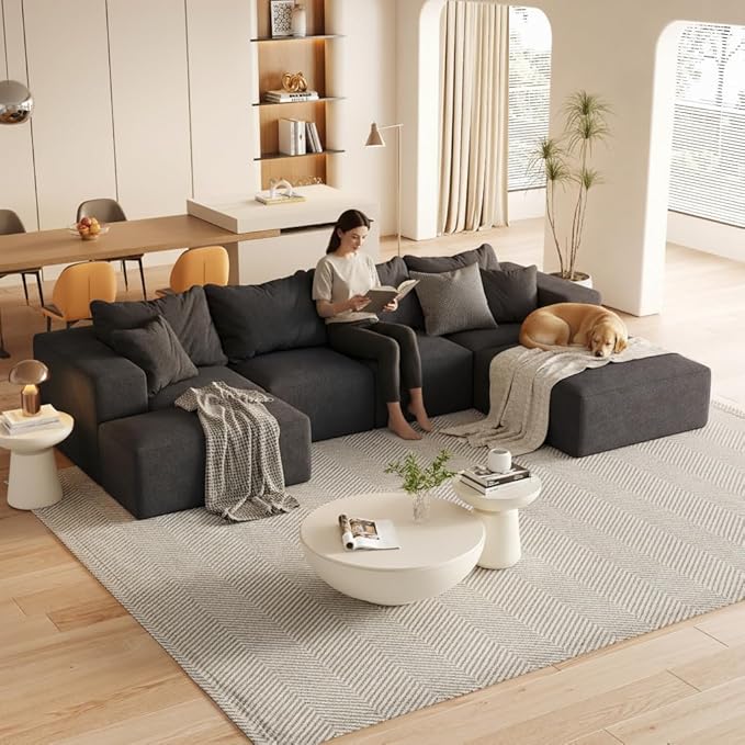 KEIKI 132 Boneless Sofa with Ottoman L Shaped Corner Couch Upholstered Corduroy Free Combination Sectional Couch for Living Room Bedroom Black