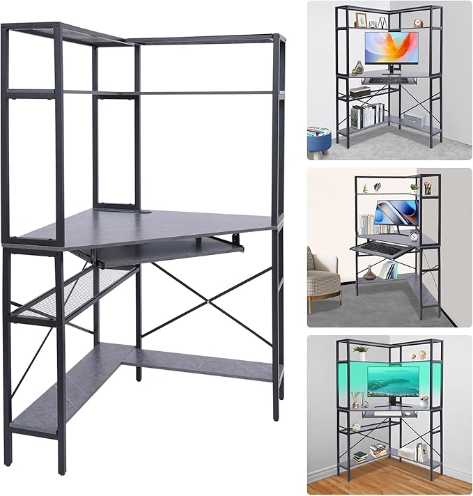 Corner Computer Desk Modern Laptop Desk w/Outlets &amp LED Light Triangle Table w/Storage Shelf Small Space for Home Office Student Dormitories Bedroom Game Room Study Room Workstation (Gray)