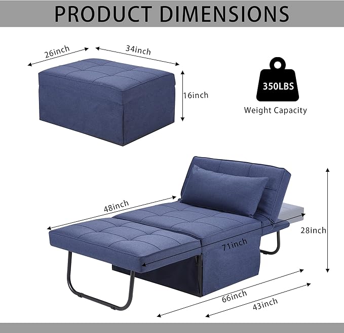 BIGSYY Sofa Bed Set of 4 in 1 Multi-Function Folding Ottoman Breathable Linen Couch Bed with Adjustable Backrest Modern Convertible Chair for Living Room Apartment Office Blue