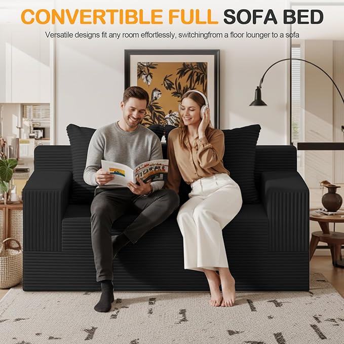 Loveseat Boneless Convertible Sofa Bed Folding Floor Futon Sleeper Sofa Couch Bed- Boneless Foldable Couch Corduroy Pull Out Sofa Bed with 2 Pillows for Living Room &amp Bedroom