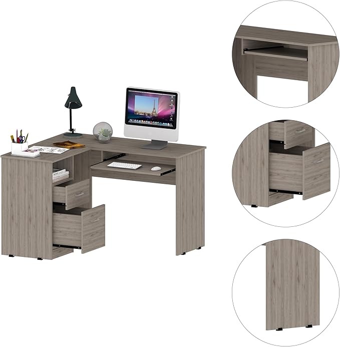 Home Office Desk L-Shaped Desk Two Drawers One Shelf CPU Storage for Study Office Small Apartment