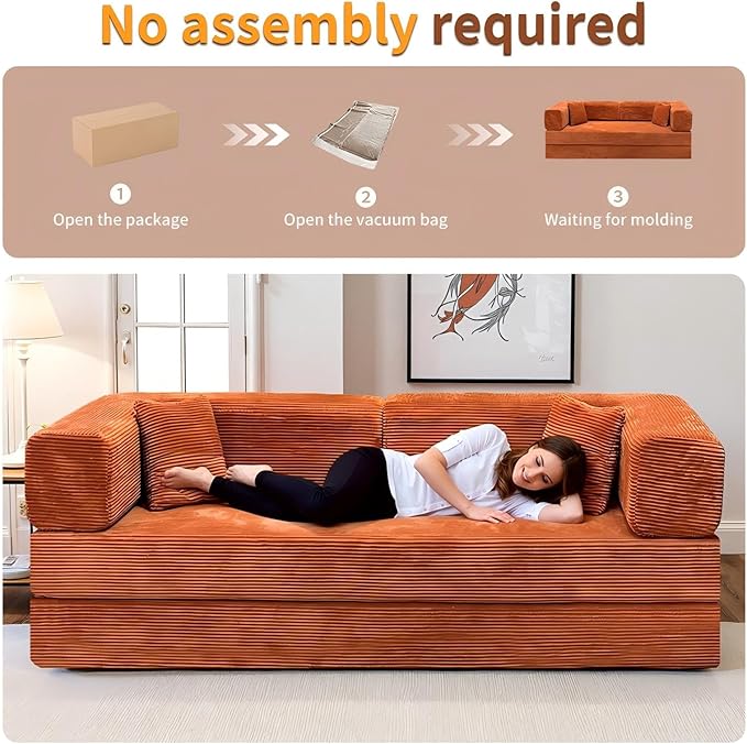 79 Inch Convertible Sofa Bed Couch in Box 5 in 1 Folding Modular Boneless Couch with Pull Out Bed 2 Pillows Soft Corduroy Floor Futon Lounge Loveseat Sleeper Lazy Cama No Assembly Orange