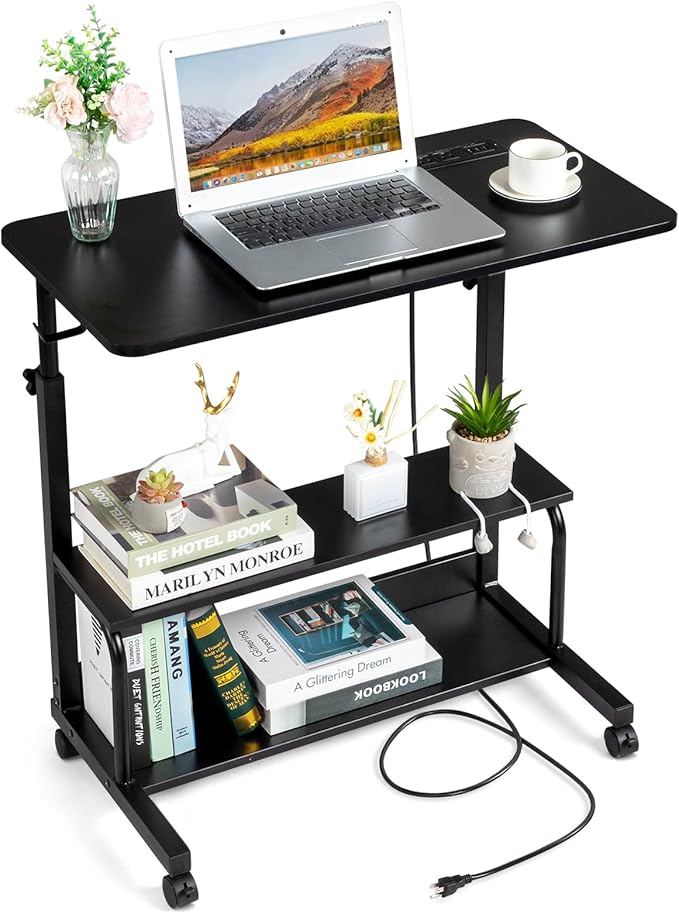 Karl home 31.5 Portable Rolling Desk on WheelsHeight Adjustable Standing Desk with 2 AC Outlets/3 USB PortsMobile Laptop Table with Hooks and Storage Shelves for Home OfficeBlack