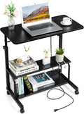 Karl home 31.5 Portable Rolling Desk on WheelsHeight Adjustable Standing Desk with 2 AC Outlets/3 USB PortsMobile Laptop Table with Hooks and Storage Shelves for Home OfficeBlack