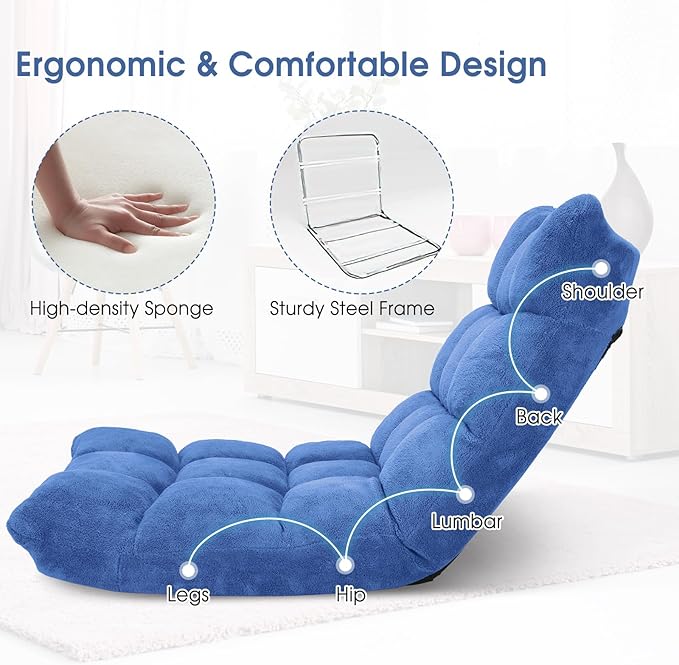S AFSTAR Cushioned Floor Chair 14-Position Adjustable Padded Lazy Recliner with Comfortable Back Support and Skin-Friendly Cover Great for Reading Playing Game Meditating (Blue)