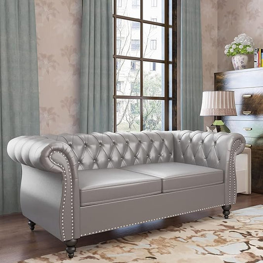 AVZEAR Chesterfield Loveseat Mid-Century PU Upholstered Loveseat Sofa Modern 2 Seater Couch Style Button Tufted Grey
