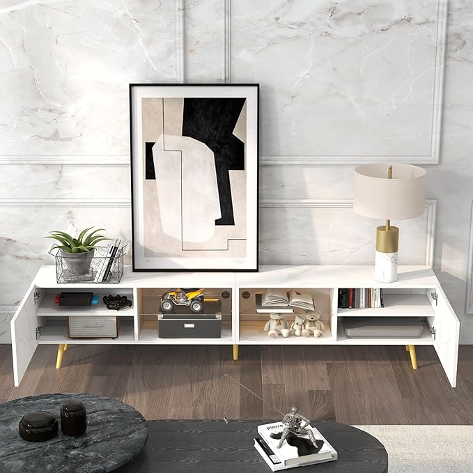 Bonzy Home 86 LED TV Stand Modern Entertainment Center up to 75 TV Television Console Table with Storage Cabinets for Living Room White Marble