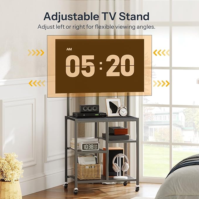 HOOBRO Small TV Stand with Wheels and Mount for 50 Inch TVs Mobile Rolling TV Stand with Storage Shelves Small Entertainment Center for Living Room Bedroom Study Black BB37DS01