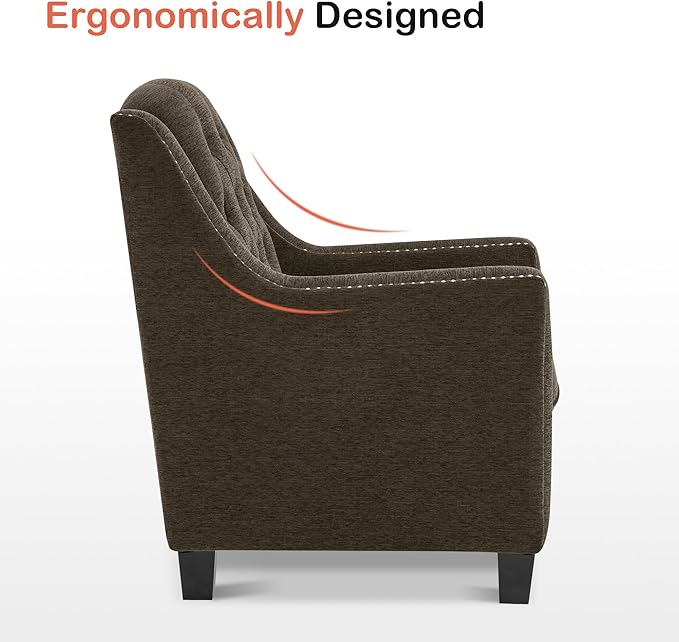 MCombo Modern Accent Chair with High Legs Chenille Upholstered Single Sofa Chair with Tufted Button Back &amp Ergonomic Armrests Solid Wood Legs for Living Room Bedroom 4260 (Brown)