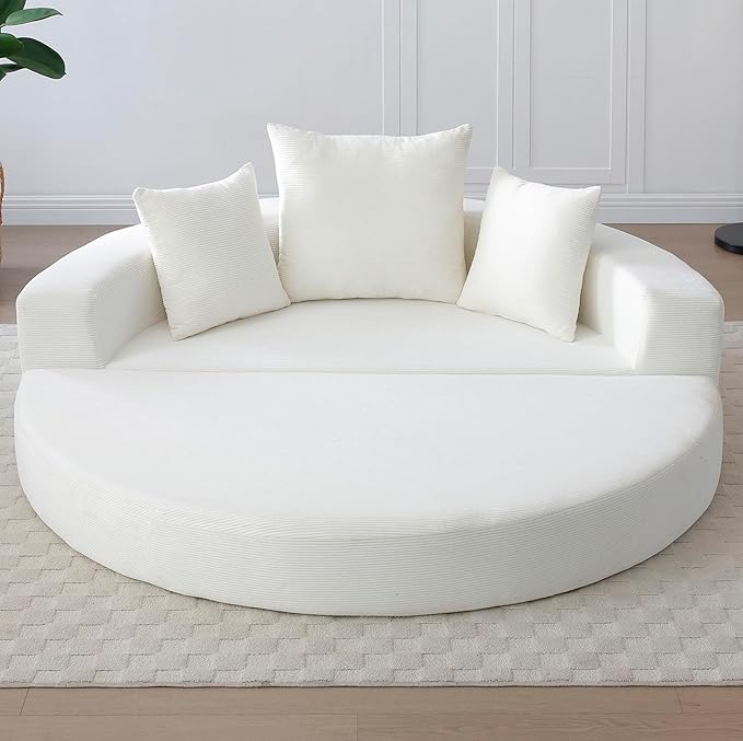 Beige Boneless Loveseat Couch - 67 Circular Convertible Sofa Bed No Assembly Corduroy Folding Floor Futon with Pillows for Small Spaces (Beige)