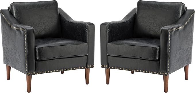 HULALA HOME Faux Leather Accent Armchairs Set of 2 with Back &amp Seat Cushions Traditional Club Chairs with Nailhead Trim Comfy Upholstered Sofa Chairs for Living Room Bedroom Black