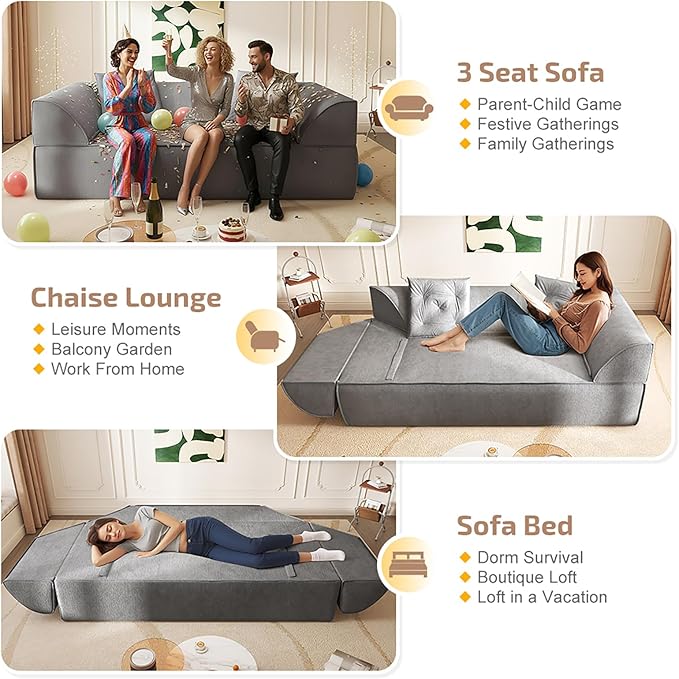 3-in-1 Convertible Sofa Bed 3-seater Boneless Futon Couch with Adjustable Backrest and Armrests Chenille Chaise Lounge Sofa with Pillows Floor Sleeper Loveseat for Living Room Reading Room Grey