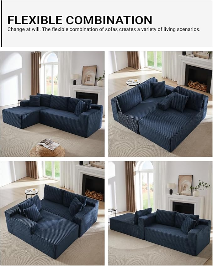 Cloud Sectional Couch 105 Inch Modular Sectional Sofa with Deep Seat Corduroy Boneless Couches with L-Shape Chaise for Living Room Bedroom Left Facing Chaise No Assembly Required (Blue)