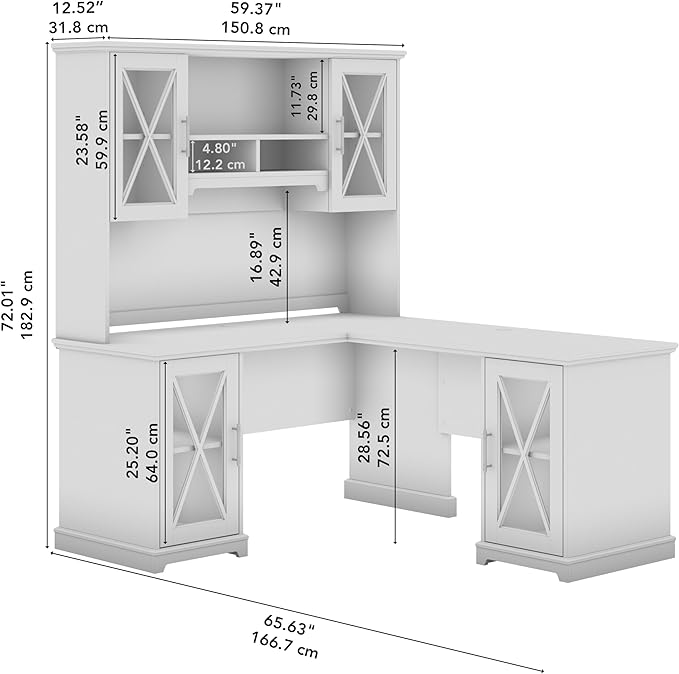 Bush Furniture Lennox 60W Farmhouse L Shaped Desk with Hutch and Storage Cabinets in Linen White Oak | Corner Computer Table for Home Office