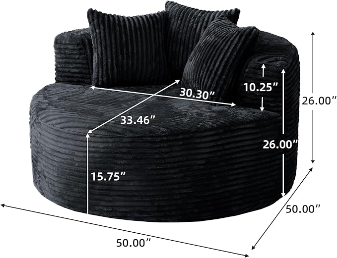JACH Oversized Sofa Chaise with Three Pillows 50 Corduroy Deep Seat Single Sleeper Sofas Round Upholstered Lazy Floor Sofa for Living Room Apartment Black