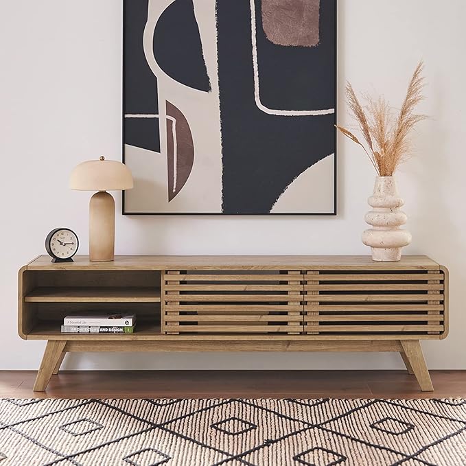 mopio Ensley 59 TV Stand with Slatted Door Mid Century Modern Entertainment Center for 55/60/65 inch TV Farmhouse Media Console with Storage Adjustable Shelves Round Edges Living Room (Oak)