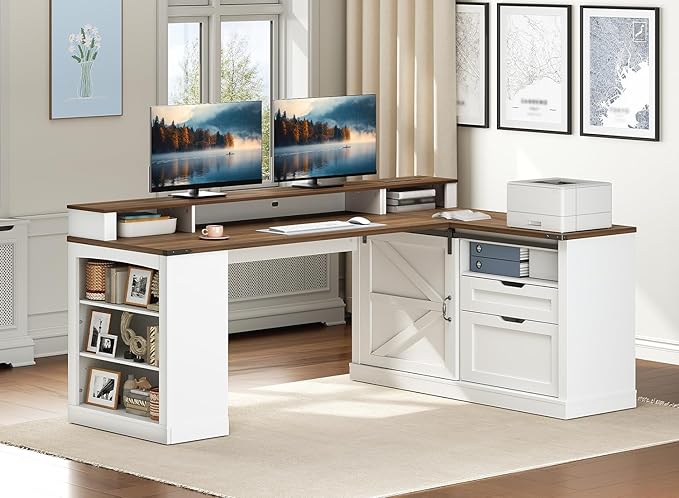 Farmhouse L Shaped Desk with Drawers 53 Inch Executive Desk with File Cabinet and Monitor Stand Wooden Corner Computer Desk with Power Strip for Home Office Work and Study White and Walnut