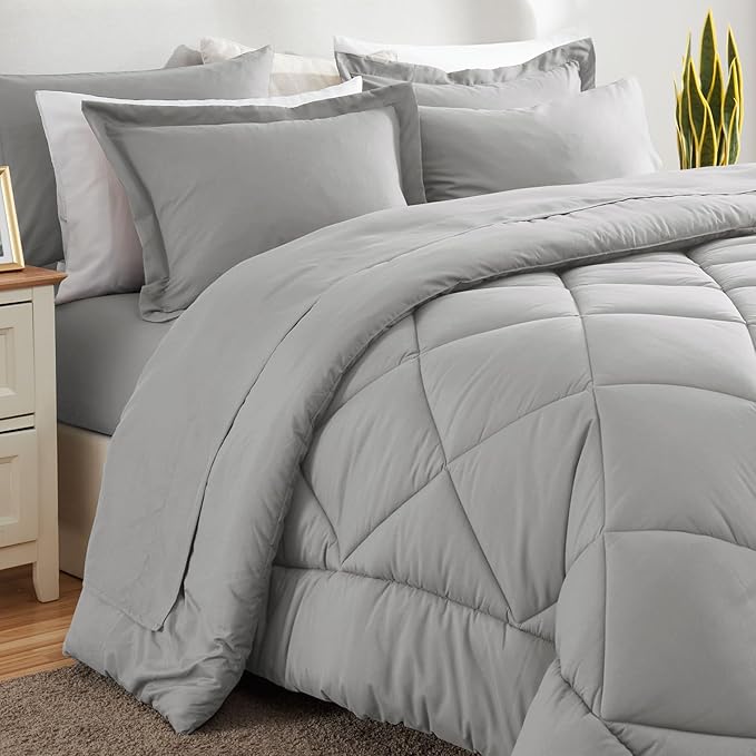 CozyLux Oversized King Comforter Set Light Grey 7 Pieces Bed in a Bag Comforter Set with Sheets All Season Bedding Set with Down Alternative Comforter Sheets Pillowcases &amp Shams