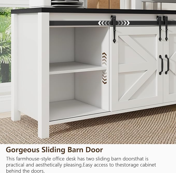 L Shaped Desk With Drawers Farmhouse Executive Wood Home Office With Power Outlet Rustic Reversible Computer With Storage Cabinet Double Sliding Barn Door and Adjustable Shelves