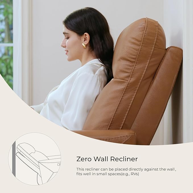CHITA Genuine Leather Power Recliner Chair for Adults Electric Wall Hugger Recliner for Small Spaces Modern Living Room and RV Recliner Chair with Adjustable Power Headrest &amp Charging Ports Bro