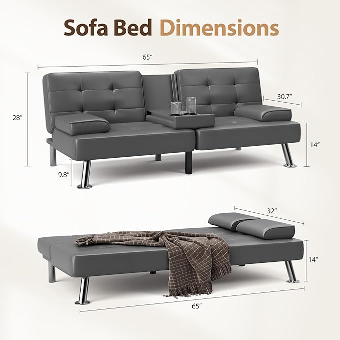 Shahoo Convertible Folding Futon Sofa Bed Sleeper Couch for Living Room Faux Leather Upholstered Loveseat w/Removable Armrests Metal Legs 2 Cup Holders Gray