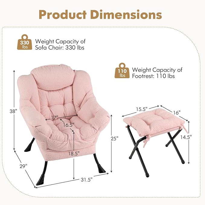 HOMGX Lazy Chair with Ottoman Modern Accent Chair w/Folding Footstool &amp Side Storage Pocket Upholstered Comfy Reading Chair for Bedroom Living Room Office (Pink)