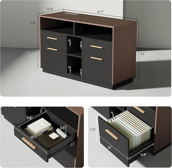 71 Standing Desk with 2 File Cabinet AC/USB 1.18 Desktop L Shaped Height Adjustable Desk Electric Furniture Set with Multiple Functions for Home and Office Black Walnut