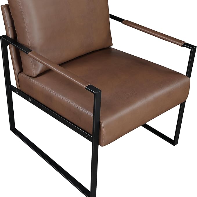 Lexicon Modern Accent Chair Faux Leather Upholstered Living Room Chair with Wrapped Armrests Arm Chair with Black Metal Frame Comfy Single Chair for Living Room/Bedroom/Reading Room/Office Brown