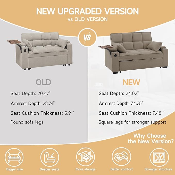 66 Multi-Functional Pull-Out Sofa Bed with Hidden Side Table Storage Armrests Built-in Charging Port Spring Mattress Solid Wood Frame – Ideal for Small Spaces Easy Assembly