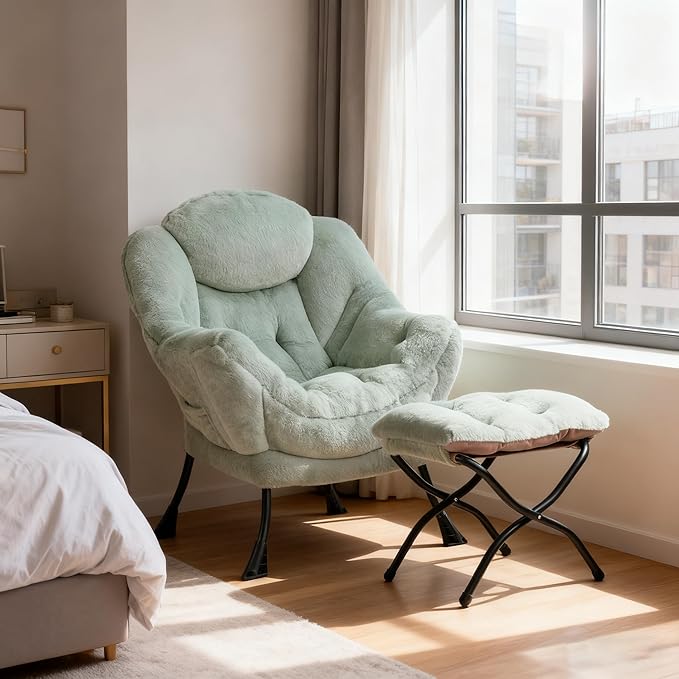 HollyHOME Lazy Chair with Foldable Ottoman Accent Comfy Lounge Armchair and Folding Footrest Stool Leisure Sofa Reading Chair and Footstool for Living Room Bedroom DormFaux Fur Pea Green