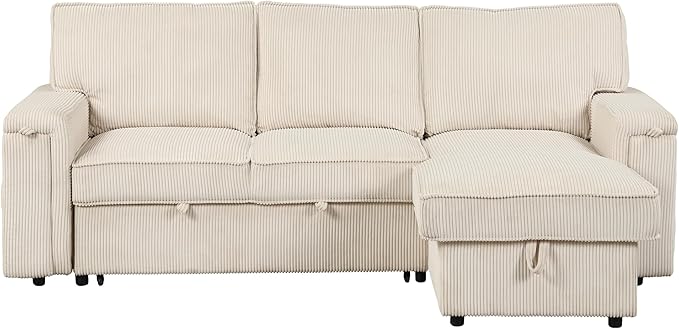 LUMISOL 96 Convertible Sleeper Sofa Bed L-Shaped Sofa with Pull Out Bed &amp Storage Chaise Corduroy Sectional Sleeper Couch with Cup Holders &amp Pockets for Living Room Apartment Beige