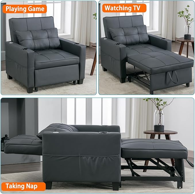 Modern Convertible Sleeper Sofa Bed 3-in-1 Adjustable Futon Couch with Storage &amp Removable Armrests for Apartment Studio Office Small Spaces (Black)