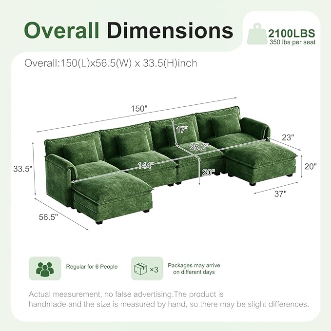 ABCASA 150 Oversized Modular Sectional Sofa with Throw Pillows &amp Movable Ottoman Comfy Cloud Couch 6-Seat Deep Seat Sofa U Shaped Modern Sofa for Living Room Apartment - Chenille Green
