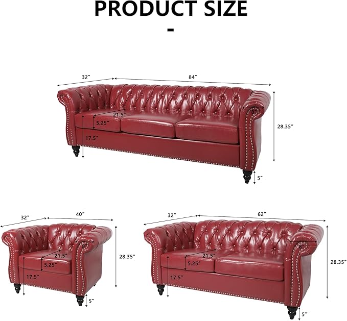 AVZEAR 2-Piece Living Room Sectional Sofa Set Upholstered Sofa Modern Sofa Couches Set Style Button Tufted PU Chesterfield Sofa for Living Room Apartment 1+3 Seat PU Claret