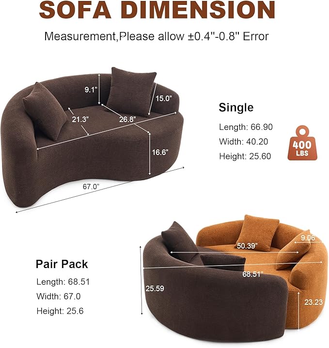 Tai Chi Symbol Loveseat Sofa Curved Yin-Yang Design Dual-Depth Meditation Couch 66.9 Chenille Modular for Small Spaces 300 lbs Capacity (Brown)