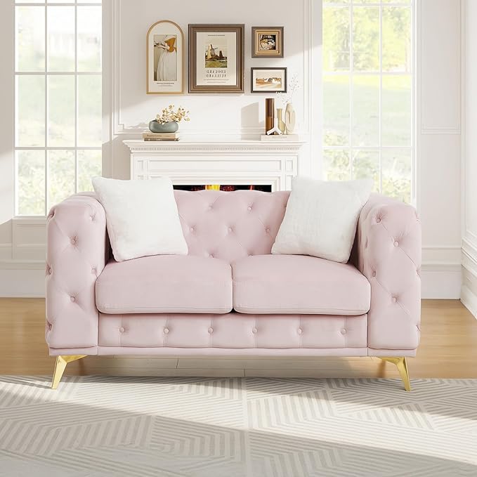 61.25 Velvet Chesterfield Sofa Mid-Century Modern Love Seat Button Tufted Couch with Curved Arms Gold Metal Legs Deep Seat Small Space Comfortable Living Room Bedroom Furniture (Pink 2 Seater)