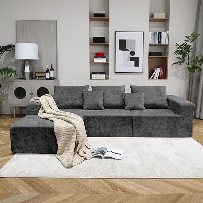 Sytopia 109 L-Shaped Cloud Couch Boneless Modular Sectional Sofa with Deep Seat for Living Room Bedroom Modern Floor Couch Chenille Comfy Sleeper Futon Sofa Bed 40D Foam Furniture Left Facing