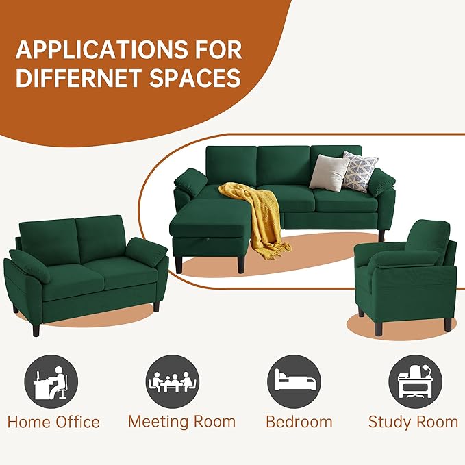 3 Pieces Sectional Sofa Couches Set 3-Seater L Shaped Couch Sofas and Loveseat with Armchair and Storage Ottoman for Living Room Living Room Furniture Set Green