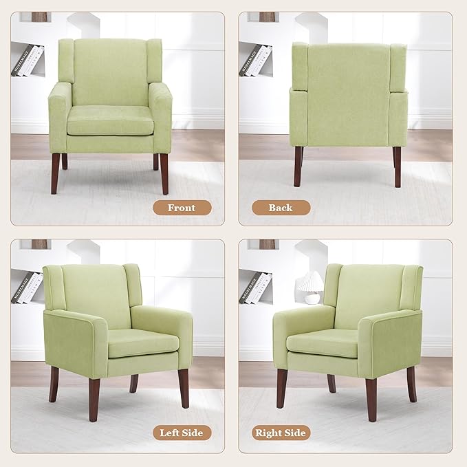 Accent Chairs for Living Room Mid-Century Reading Chair with Wood Legs Upholstered Comfy Living Room Chair for Bedroom Apartment Waiting Room Green
