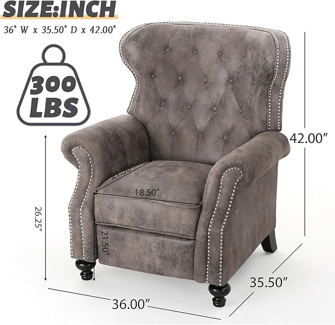 Push Back Recliner Chair Mid Century Wingback Recliner Accent Chair with Rivet Decoration Fabric Push Back Single Sofa for Living Room Adjustable Backrest (Brown Gray)