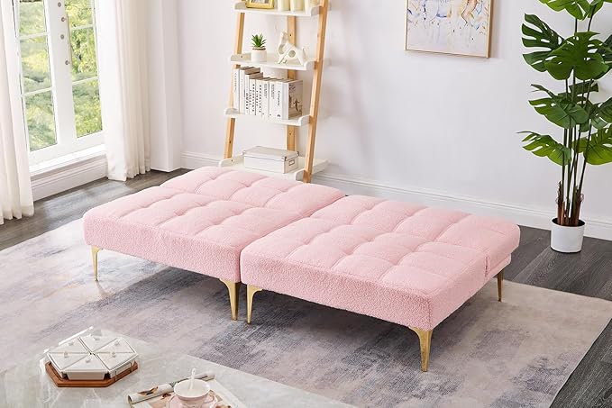 71 Sectional Sofa Bed Convertible Futon Couch with Adjustable Backrest Comfy Loveseat Sleeper with 2 Pillows Modern Armless Love Seat with Gold Metal Legs for Small Living Room Bedroom Pink