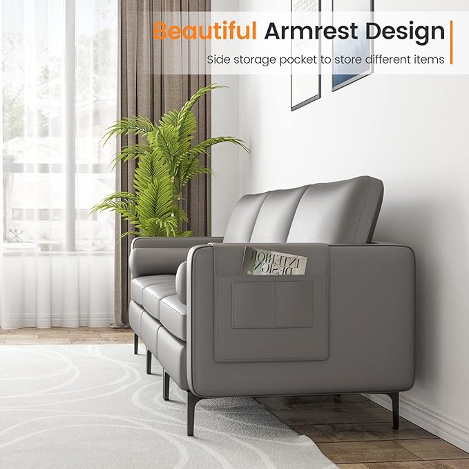 Giantex 97 Sectional Sofa Couch 3-Seater Modular Sleeper with USB Ports 3-Hole Socket Thick Cushion 2 Bolsters Armrest Magazine Pocket Metal Legs for Living Room Reception Bedroom Dark Grey