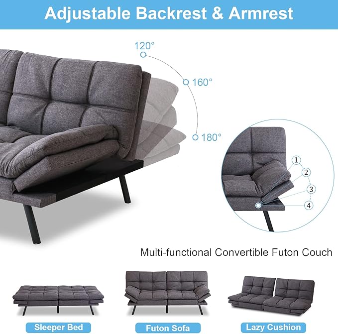 Opoiar Modern Convertible Sleeper Sofa Memory Foam Futon 71x33x32 Loveseat Bed Breathable Linen Adjustable Lounge Couch with Metal Legs Dark Grey