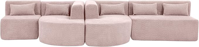 Modern 143.7 Upholstered Sectional SofaFree-Combined Sofa Couch with Two Chaise Lounge and Five Back Pillowsfor Living Room Bedroom (Pink#4)
