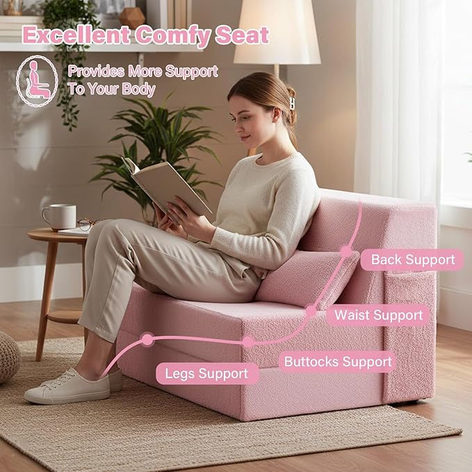 Tiita Convertible Folding Sofa Bed Twin Size for Adults with Pillow Plush Fabric Floor Mattress Couch Bed Washable Cover &amp Side Pocket Guest Room Dorm Apartment Living Room Pink