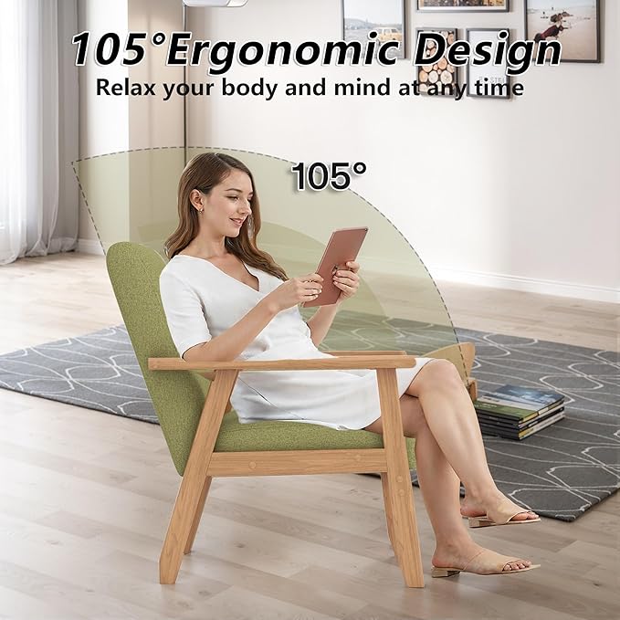 Modern Accent Chair with Wooden Table Upholstered Linen Fabric Leisure Side Chair with Arm Rest and Wooden Frame for Living Room Bedroom Reading (Green)